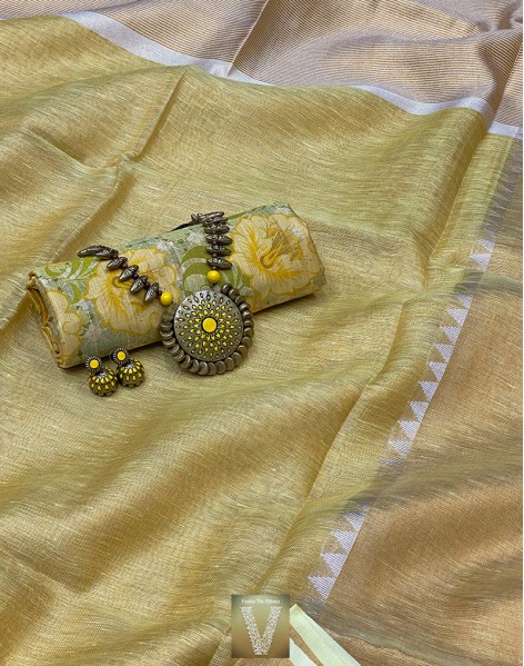 Golden Zari Tissue Linen Sari | Linen World